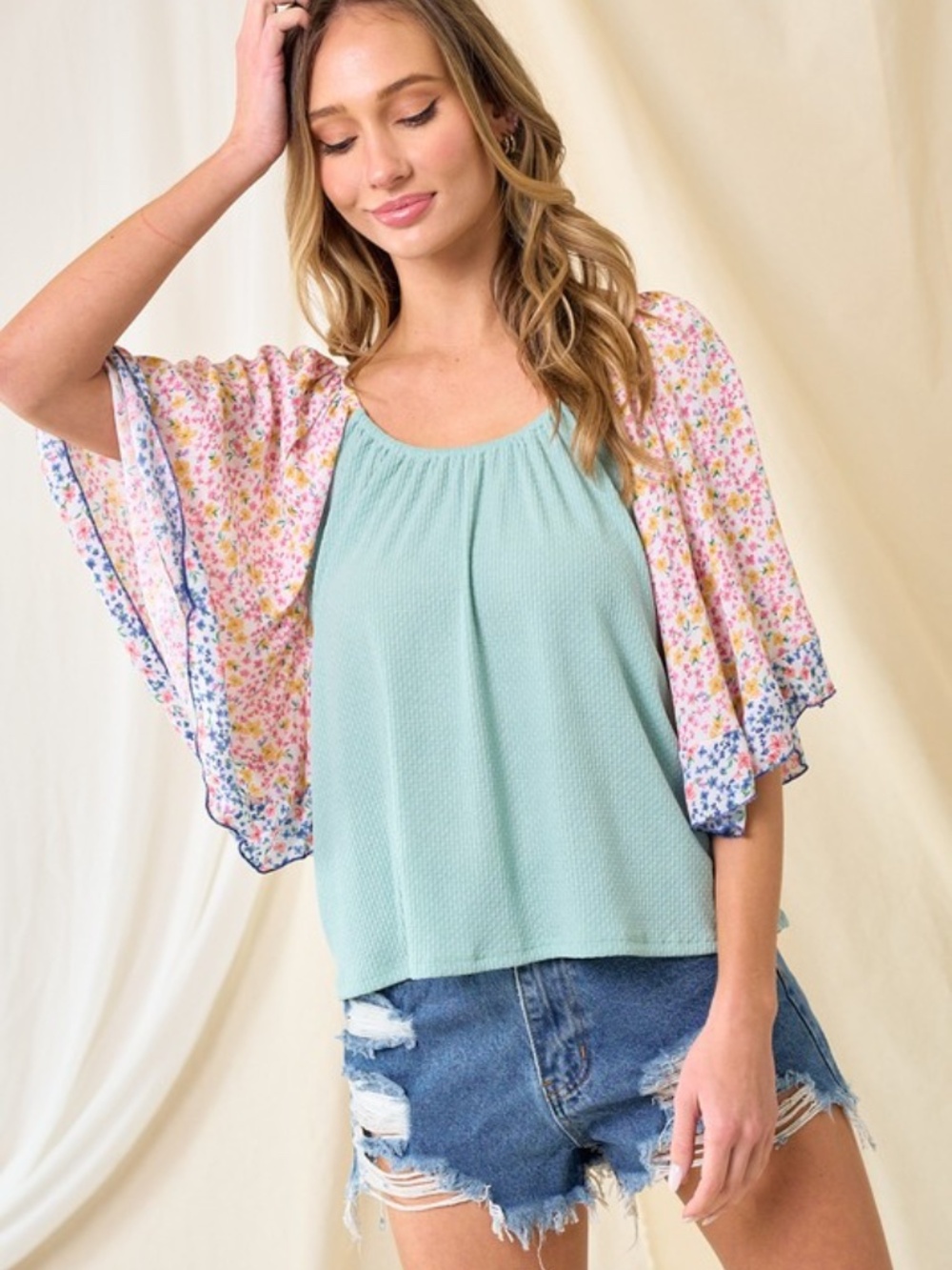 Lovely Melody Mint Green Tank with Pink Floral Kimono Sleeve
